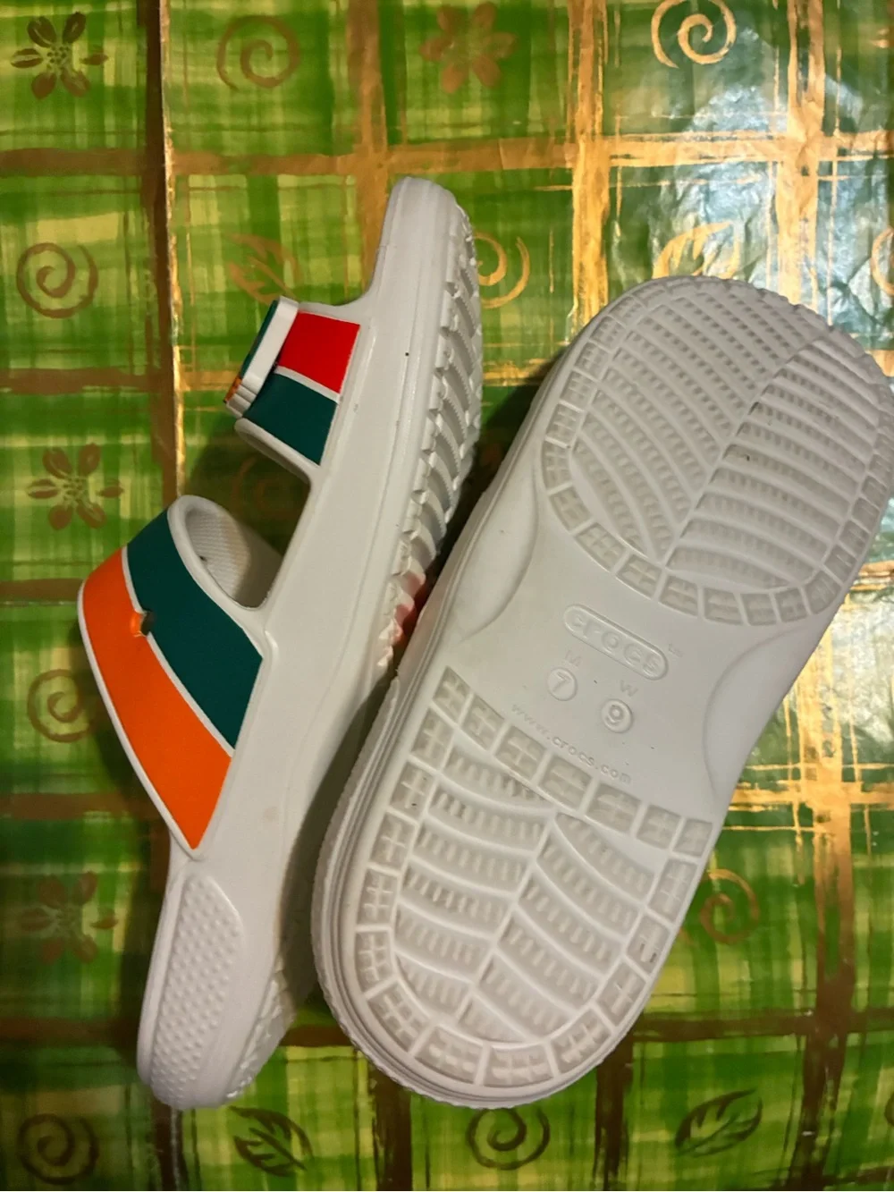 Adult size Crocs White, Green & Orange Slide Sandals Mens 7